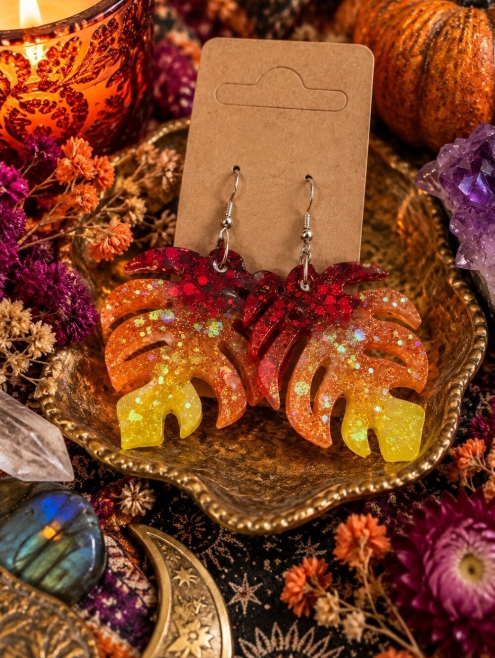 4/$15 Tropicalcore Maximalist Statement Earrings | Glitter Monstera Leaf Boho